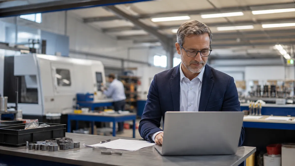 Gestor industrial consultando informações no notebook dentro da fábrica