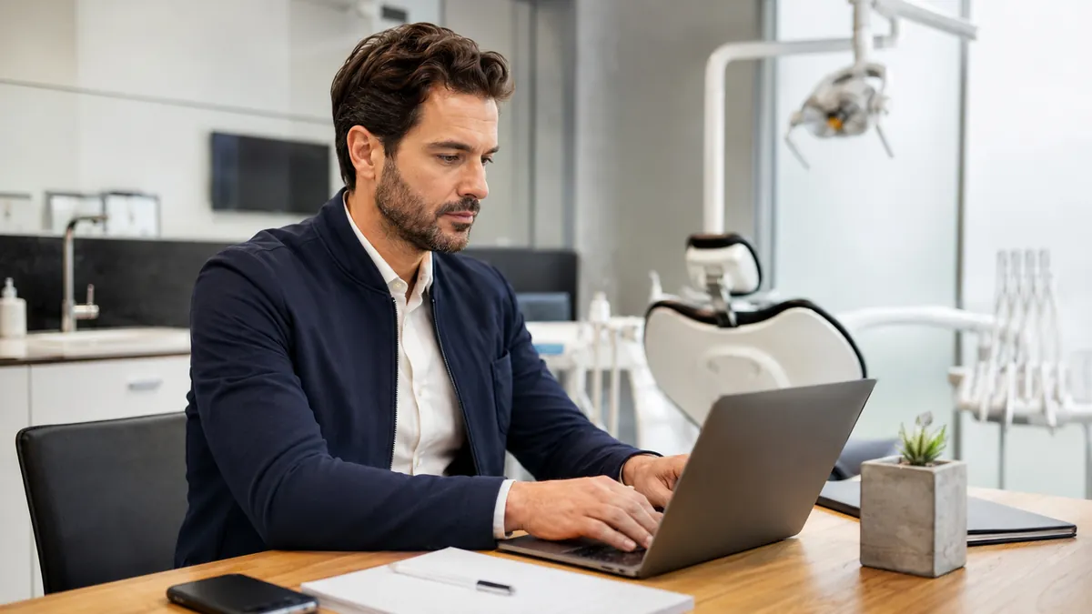 Profissional consultando informações no notebook dentro de uma clínica