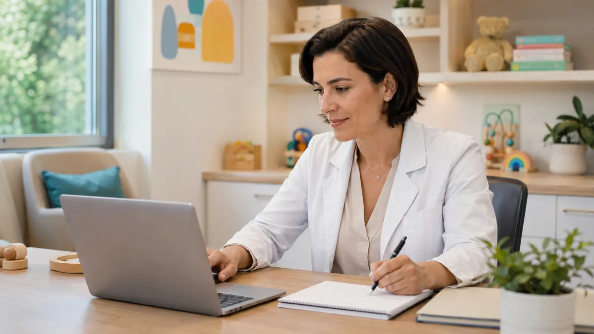 Profissional consultando informações no computador em um consultório