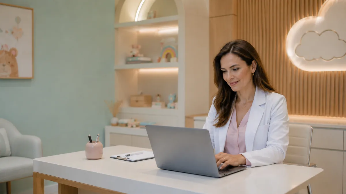 Profissional de saúde consultando informações em um consultório