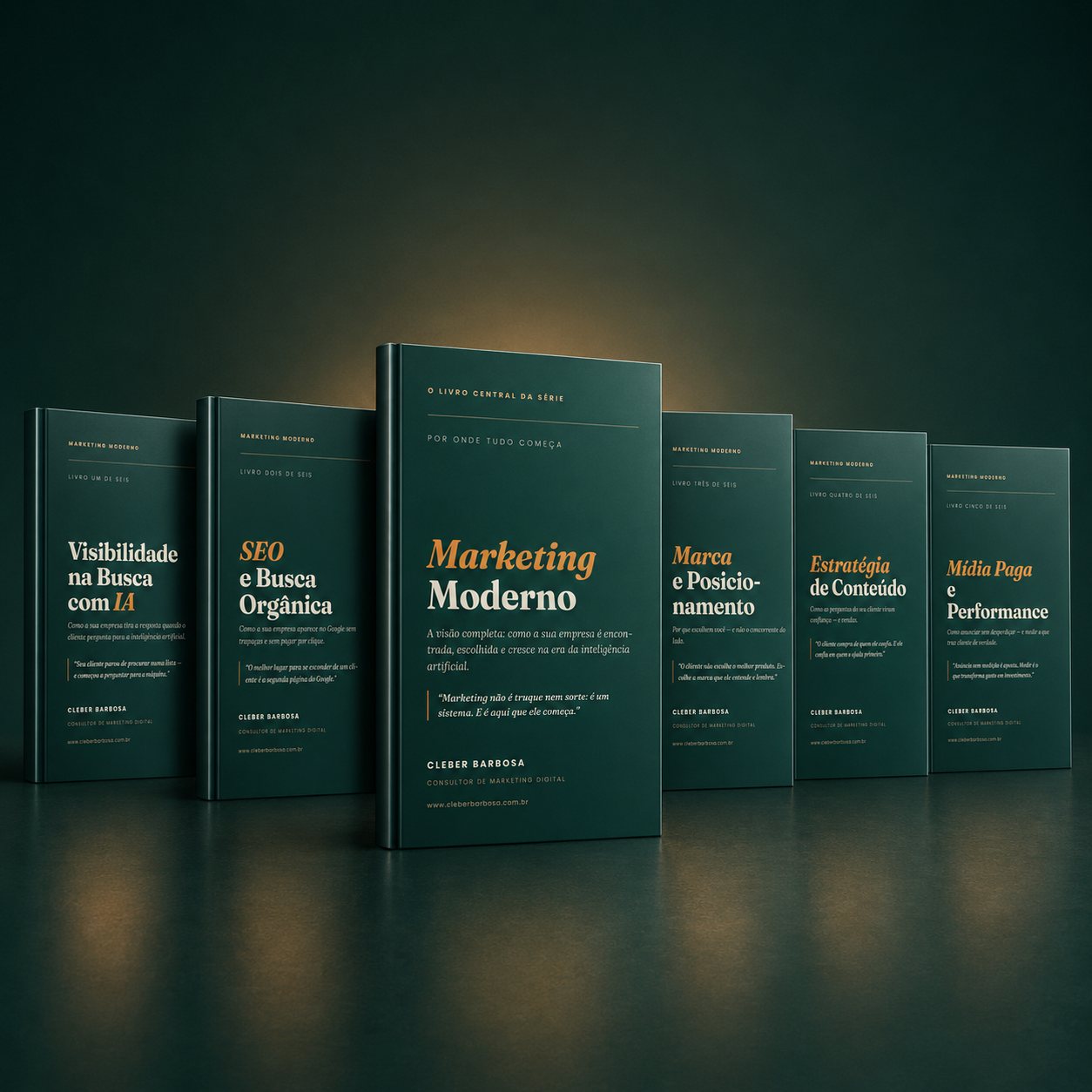 Os seis livros da série Marketing Moderno, de Cleber Barbosa, com o livro central em destaque