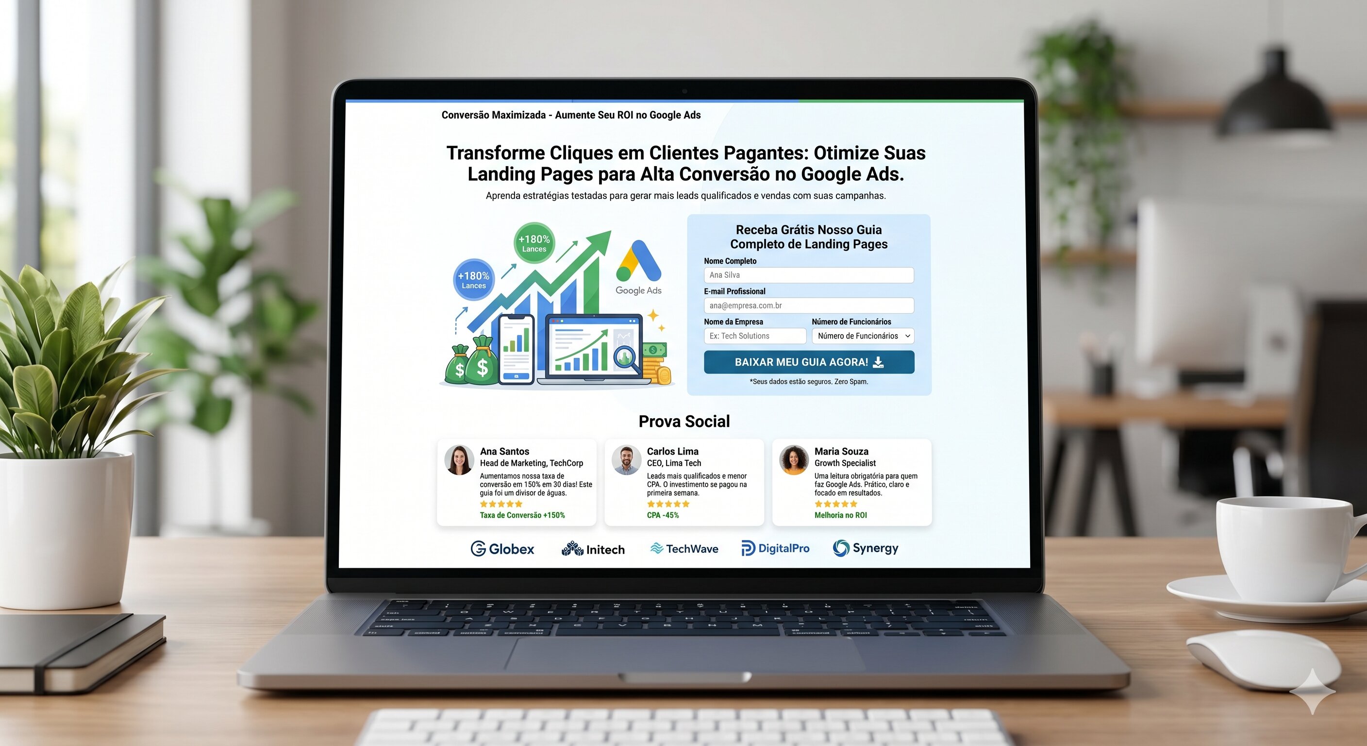 Exemplo de landing page otimizada para conversão de tráfego pago com formulário, headline e prova social