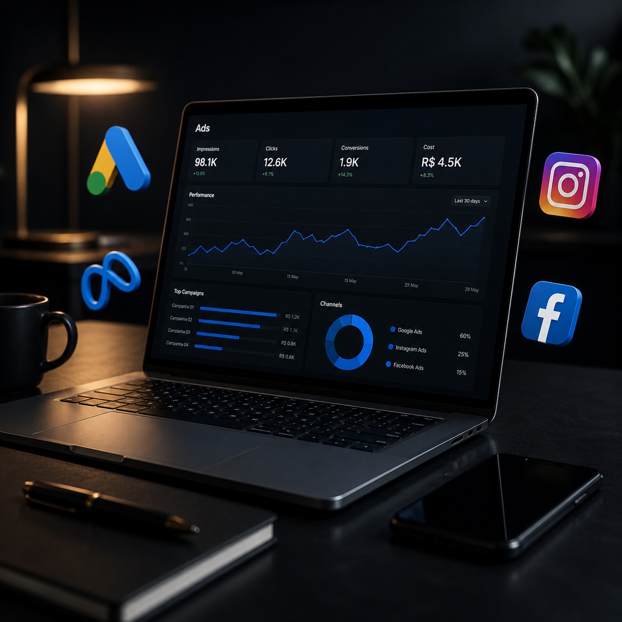 Painel de campanhas de tráfego pago em um notebook, com impressões, cliques, conversões e custo no Google Ads, Instagram e Facebook