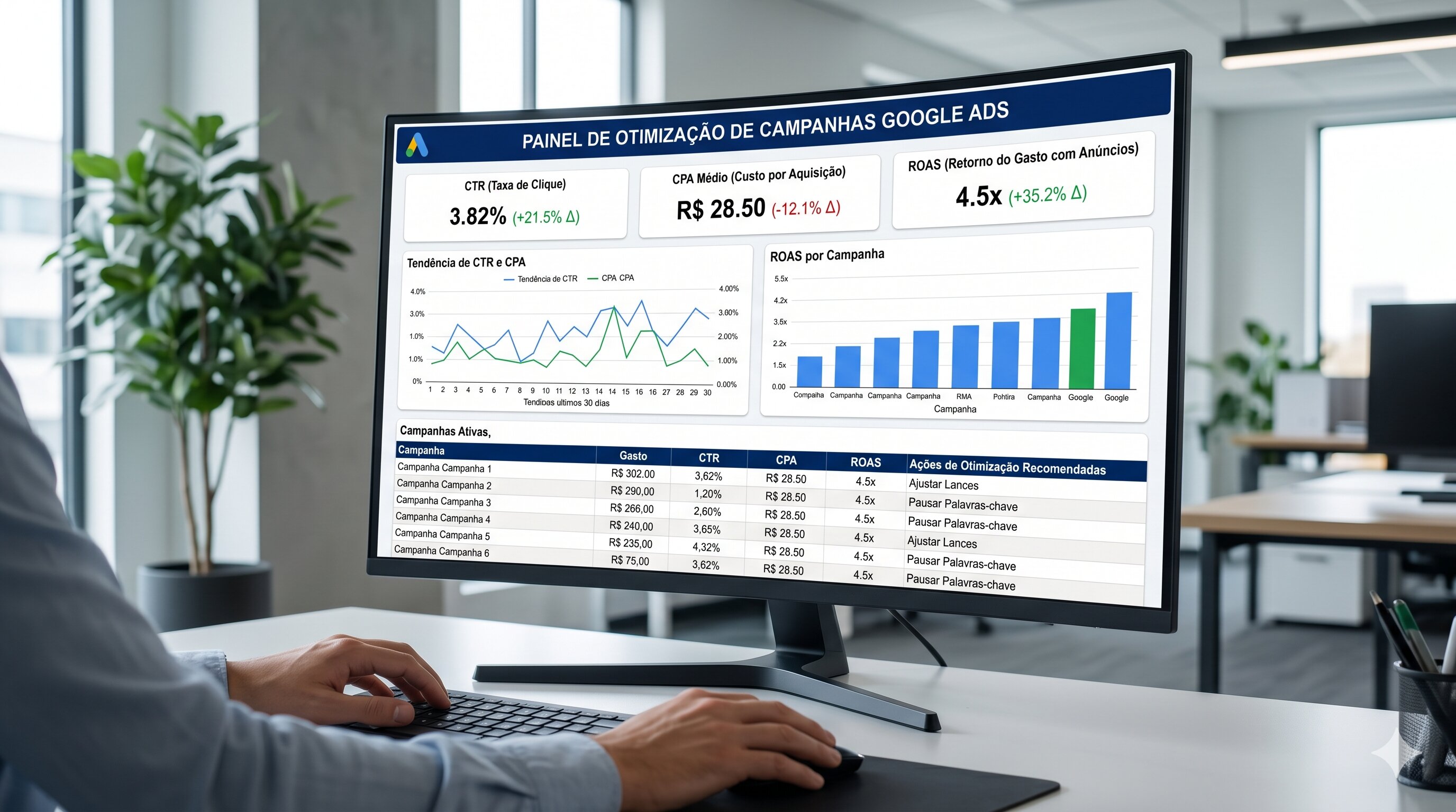 Dashboard de otimização de campanha Google Ads mostrando métricas de CTR, CPA e ROAS