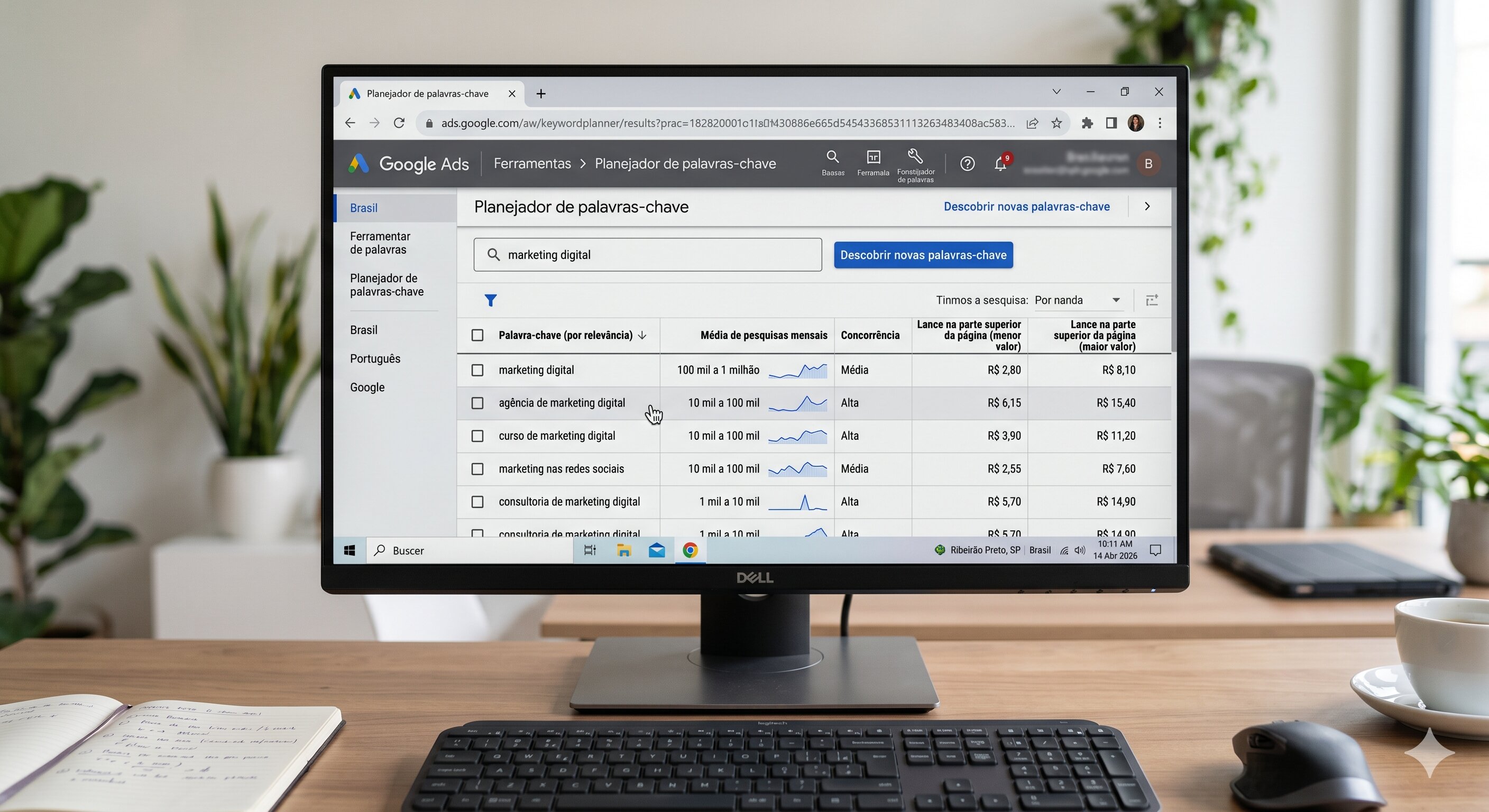 Tela do Google Keyword Planner mostrando volume de busca e CPC para palavras-chave de tráfego pago