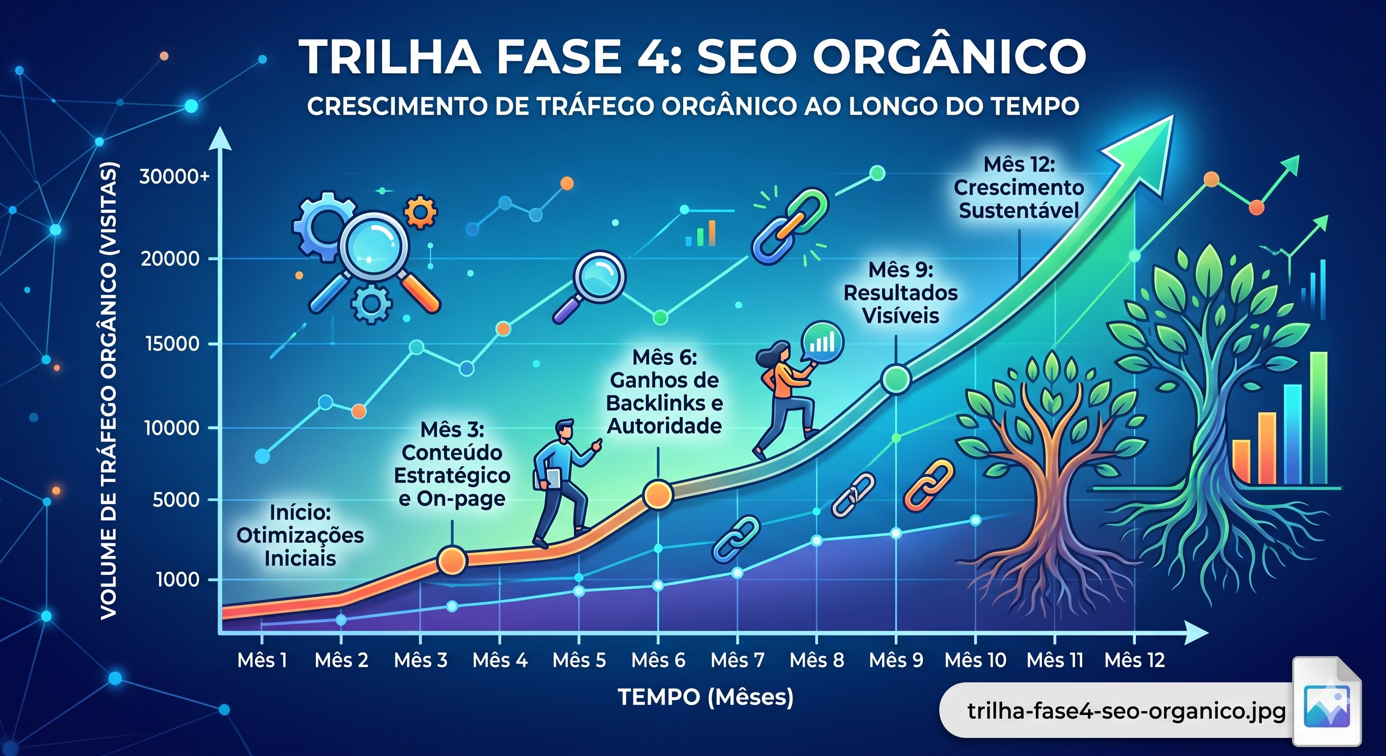 Gráfico mostrando o crescimento do tráfego orgânico ao longo do tempo com estratégia de SEO bem executada