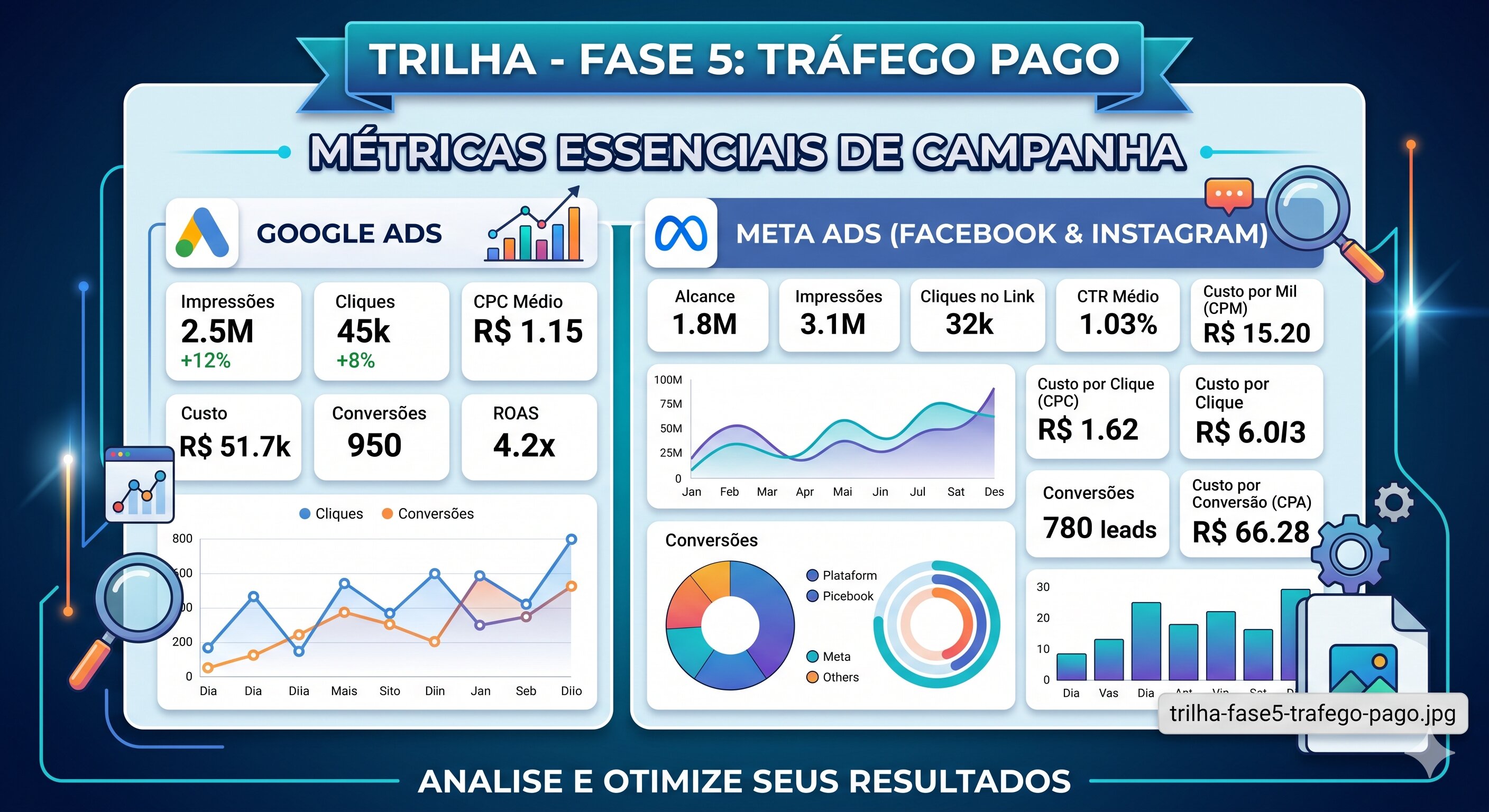 Dashboard do Google Ads e Meta Ads mostrando métricas de campanha de tráfego pago para iniciantes