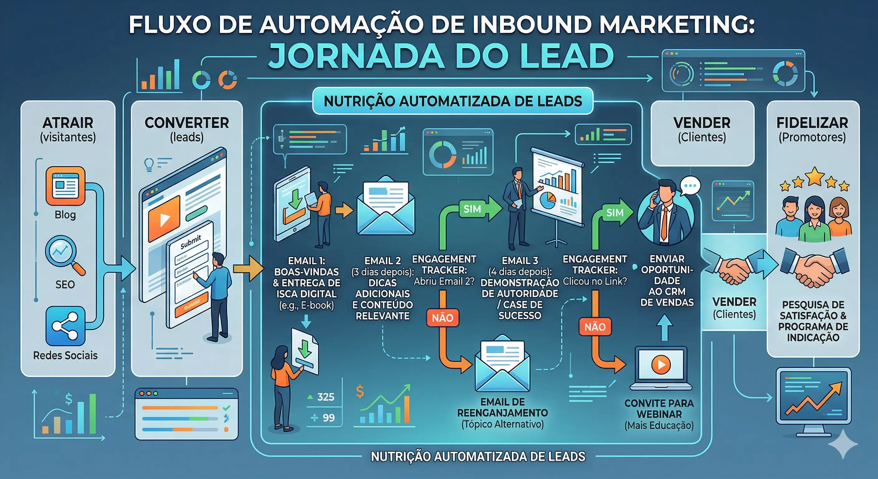 Fluxo de automação de inbound marketing — sequência de boas-vindas, nutrição por interesse e qualificação de leads via lead scoring
