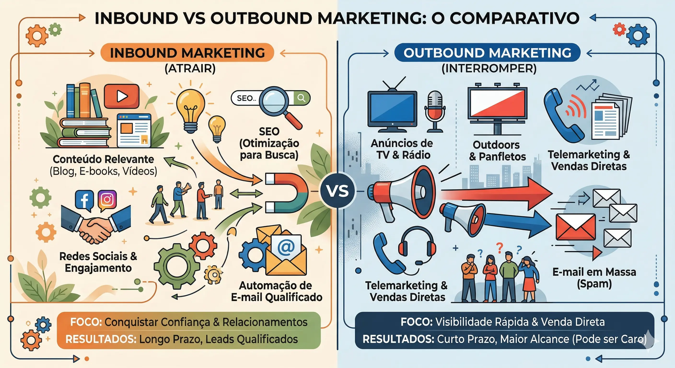 Comparativo visual entre inbound marketing e outbound marketing — diferenças de abordagem, custo, tempo para resultado e qualidade de leads