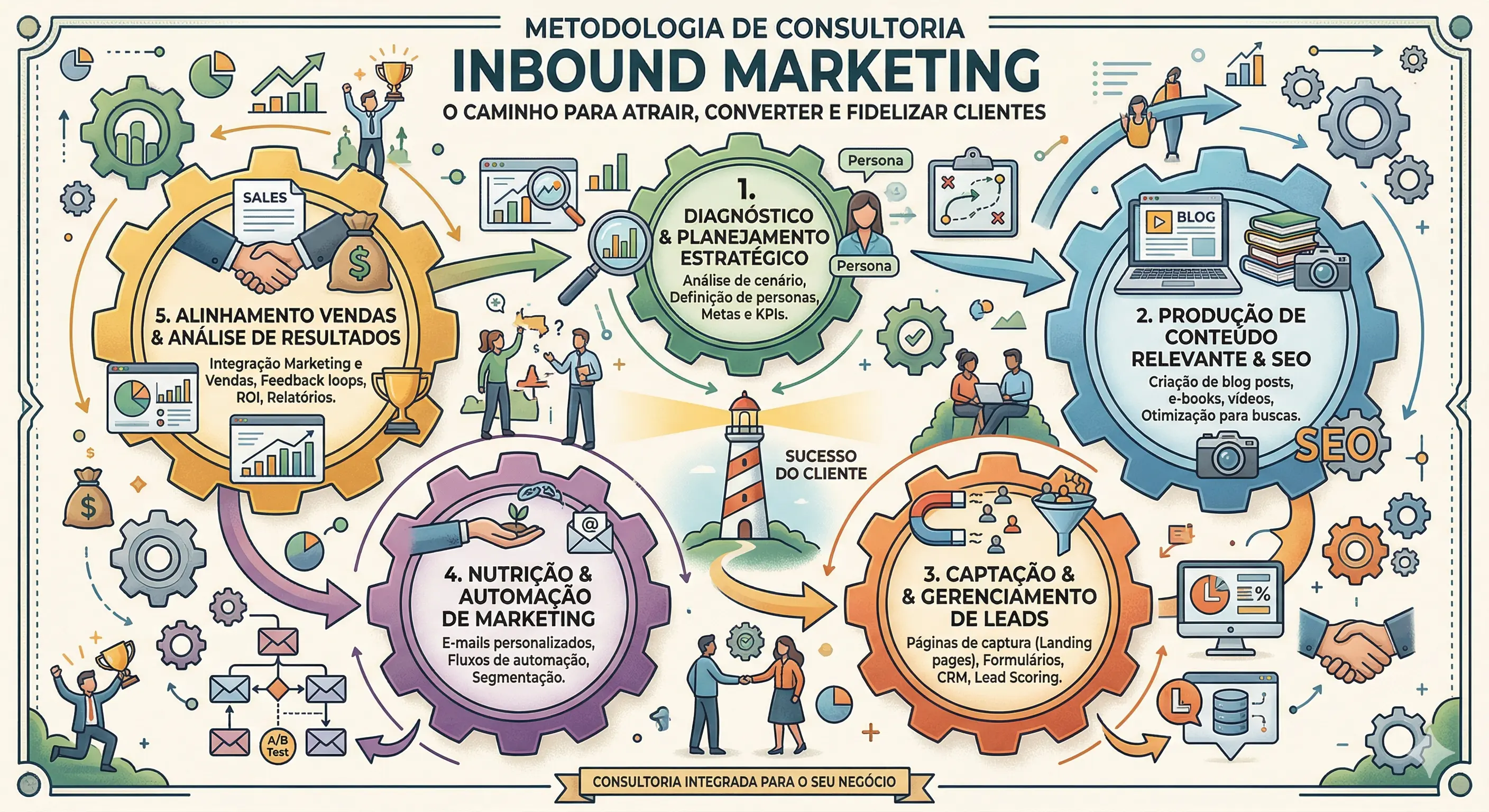 Metodologia de consultoria de inbound marketing — 6 etapas: diagnóstico, persona, plano editorial, automação, dashboard e otimização contínua
