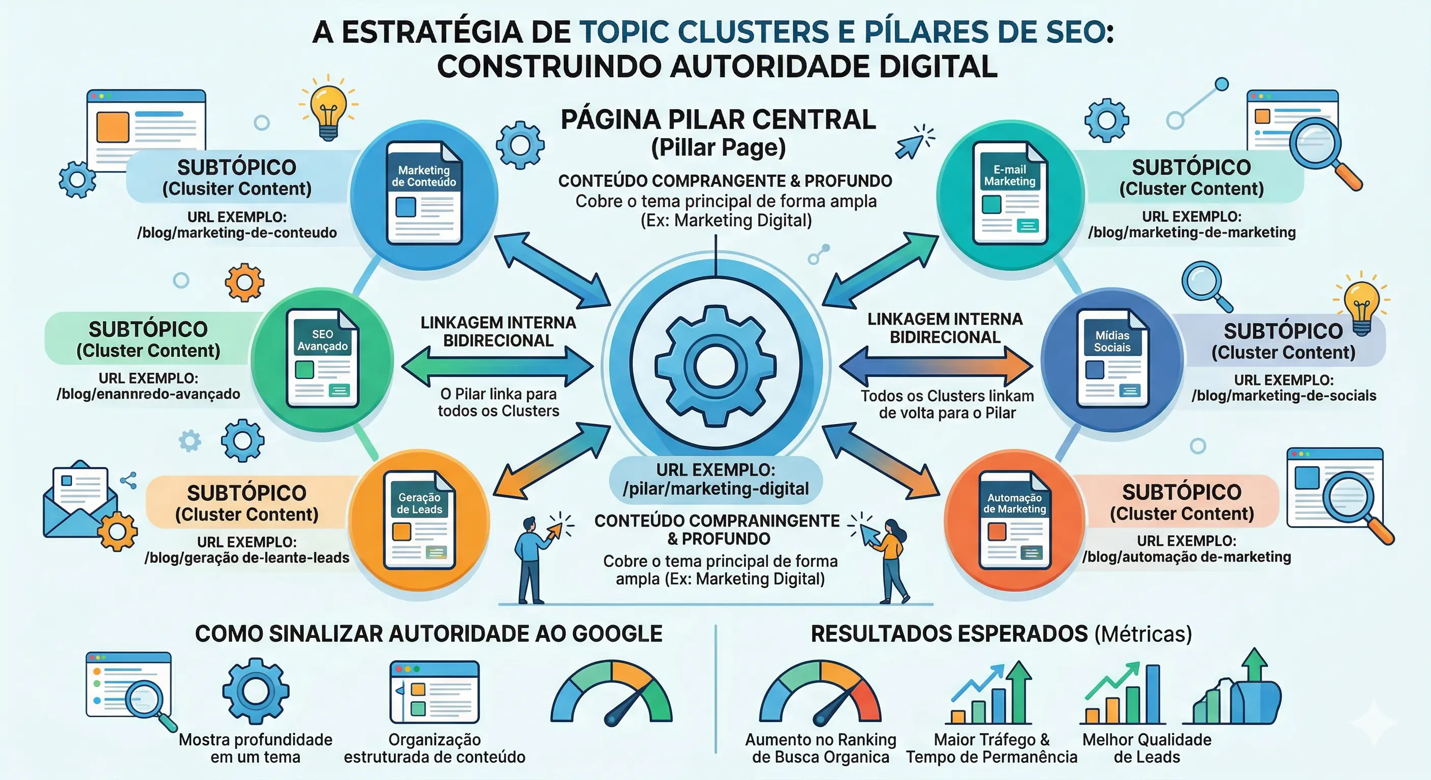 Modelo de topic clusters e páginas pilar para SEO — estrutura visual de conteúdo inbound com página central e artigos de suporte interligados