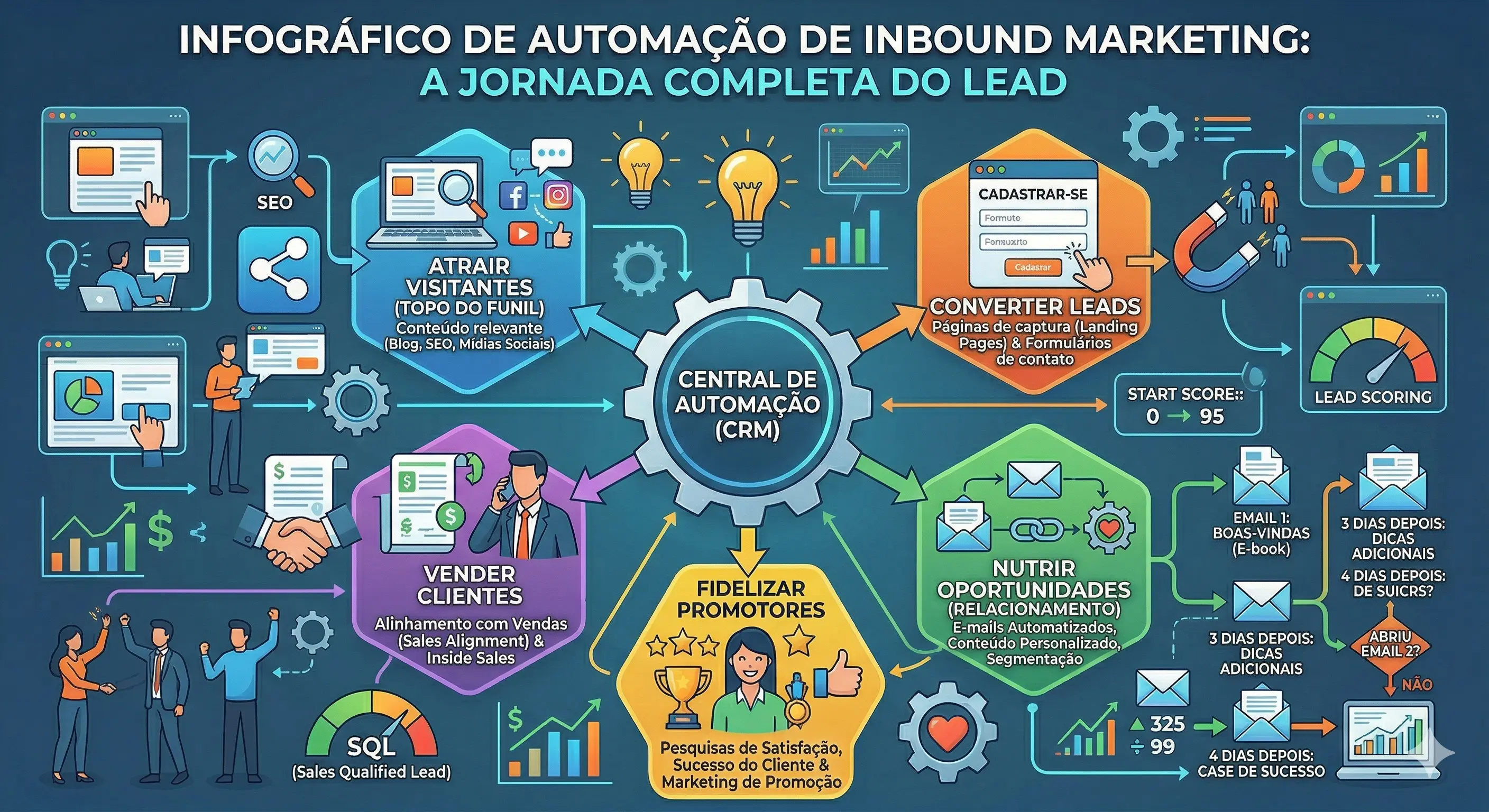 Linha do tempo do ROI de inbound marketing — evolução de tráfego, leads e CAC do mês 1 ao ano 2